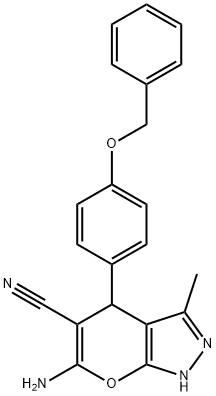 6-amino-4-[4-(benzyloxy)phenyl]-3-methyl-1,4-dihydropyrano[2,3-c]pyrazole-5-carbonitrile Struktur