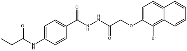 N-{4-[(2-{[(1-bromo-2-naphthyl)oxy]acetyl}hydrazino)carbonyl]phenyl}propanamide Struktur