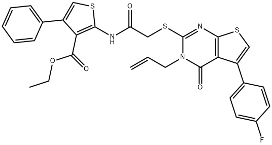 ethyl 2-[({[3-allyl-5-(4-fluorophenyl)-4-oxo-3,4-dihydrothieno[2,3-d]pyrimidin-2-yl]sulfanyl}acetyl)amino]-4-phenyl-3-thiophenecarboxylate Struktur