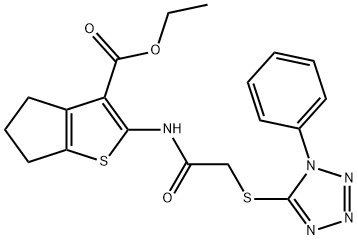 ethyl 2-({[(1-phenyl-1H-tetraazol-5-yl)sulfanyl]acetyl}amino)-5,6-dihydro-4H-cyclopenta[b]thiophene-3-carboxylate Struktur