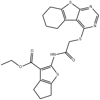 ethyl 2-{[(5,6,7,8-tetrahydro[1]benzothieno[2,3-d]pyrimidin-4-ylsulfanyl)acetyl]amino}-5,6-dihydro-4H-cyclopenta[b]thiophene-3-carboxylate Struktur