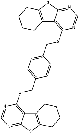 4-({4-[(5,6,7,8-tetrahydro[1]benzothieno[2,3-d]pyrimidin-4-ylsulfanyl)methyl]benzyl}sulfanyl)-5,6,7,8-tetrahydro[1]benzothieno[2,3-d]pyrimidine Struktur