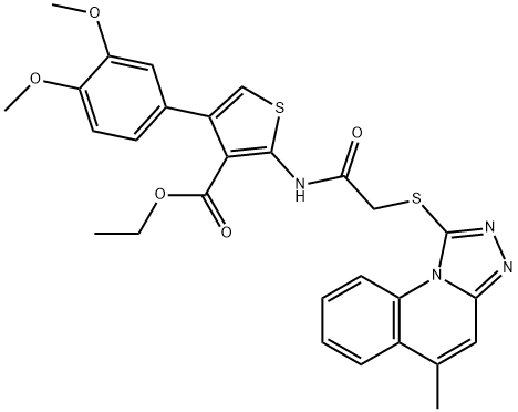 ethyl 4-(3,4-dimethoxyphenyl)-2-({[(5-methyl[1,2,4]triazolo[4,3-a]quinolin-1-yl)sulfanyl]acetyl}amino)-3-thiophenecarboxylate Struktur