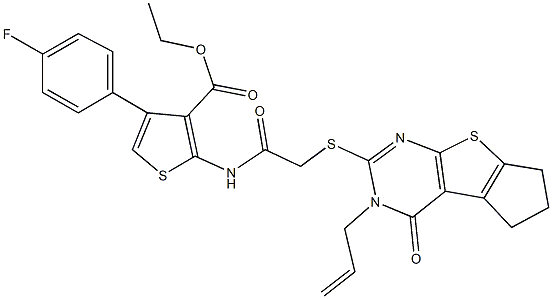 ethyl 2-({[(3-allyl-4-oxo-3,5,6,7-tetrahydro-4H-cyclopenta[4,5]thieno[2,3-d]pyrimidin-2-yl)sulfanyl]acetyl}amino)-4-(4-fluorophenyl)-3-thiophenecarboxylate Struktur