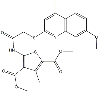 dimethyl 5-({[(7-methoxy-4-methyl-2-quinolinyl)sulfanyl]acetyl}amino)-3-methyl-2,4-thiophenedicarboxylate Struktur