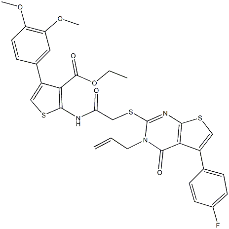 ethyl 2-[({[3-allyl-5-(4-fluorophenyl)-4-oxo-3,4-dihydrothieno[2,3-d]pyrimidin-2-yl]sulfanyl}acetyl)amino]-4-(3,4-dimethoxyphenyl)-3-thiophenecarboxylate Struktur