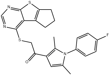 2-(6,7-dihydro-5H-cyclopenta[4,5]thieno[2,3-d]pyrimidin-4-ylsulfanyl)-1-[1-(4-fluorophenyl)-2,5-dimethyl-1H-pyrrol-3-yl]ethanone Struktur