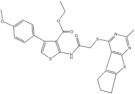 ethyl 4-(4-methoxyphenyl)-2-({[(2-methyl-6,7-dihydro-5H-cyclopenta[4,5]thieno[2,3-d]pyrimidin-4-yl)sulfanyl]acetyl}amino)-3-thiophenecarboxylate Struktur