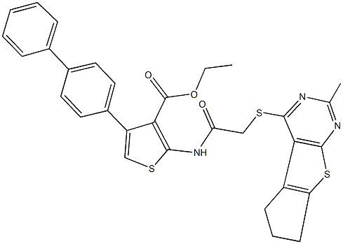 ethyl 4-[1,1'-biphenyl]-4-yl-2-({[(2-methyl-6,7-dihydro-5H-cyclopenta[4,5]thieno[2,3-d]pyrimidin-4-yl)sulfanyl]acetyl}amino)-3-thiophenecarboxylate Struktur