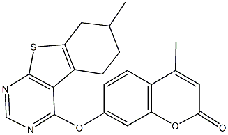 4-methyl-7-[(7-methyl-5,6,7,8-tetrahydro[1]benzothieno[2,3-d]pyrimidin-4-yl)oxy]-2H-chromen-2-one Struktur