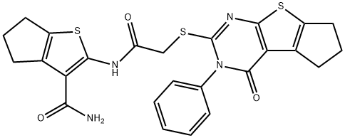 2-({[(4-oxo-3-phenyl-3,5,6,7-tetrahydro-4H-cyclopenta[4,5]thieno[2,3-d]pyrimidin-2-yl)sulfanyl]acetyl}amino)-5,6-dihydro-4H-cyclopenta[b]thiophene-3-carboxamide Struktur