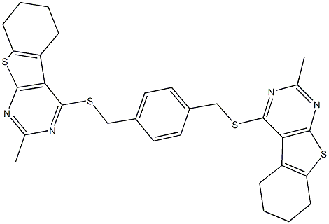 2-methyl-4-[(4-{[(2-methyl-5,6,7,8-tetrahydro[1]benzothieno[2,3-d]pyrimidin-4-yl)sulfanyl]methyl}benzyl)sulfanyl]-5,6,7,8-tetrahydro[1]benzothieno[2,3-d]pyrimidine Struktur