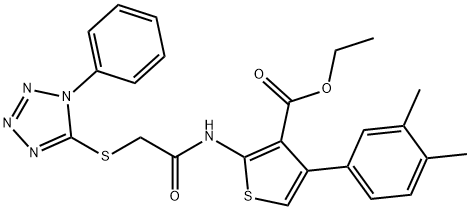 ethyl 4-(3,4-dimethylphenyl)-2-({[(1-phenyl-1H-tetraazol-5-yl)sulfanyl]acetyl}amino)-3-thiophenecarboxylate Struktur