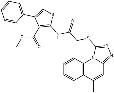 methyl 2-({[(5-methyl[1,2,4]triazolo[4,3-a]quinolin-1-yl)sulfanyl]acetyl}amino)-4-phenyl-3-thiophenecarboxylate Struktur