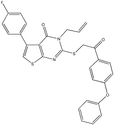 3-allyl-5-(4-fluorophenyl)-2-{[2-oxo-2-(4-phenoxyphenyl)ethyl]sulfanyl}thieno[2,3-d]pyrimidin-4(3H)-one Struktur