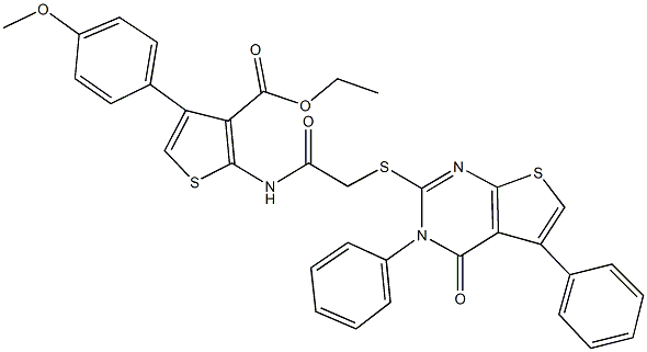 ethyl 4-(4-methoxyphenyl)-2-({[(4-oxo-3,5-diphenyl-3,4-dihydrothieno[2,3-d]pyrimidin-2-yl)sulfanyl]acetyl}amino)-3-thiophenecarboxylate Struktur