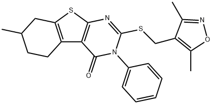 2-{[(3,5-dimethyl-4-isoxazolyl)methyl]sulfanyl}-7-methyl-3-phenyl-5,6,7,8-tetrahydro[1]benzothieno[2,3-d]pyrimidin-4(3H)-one Struktur