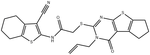 2-[(3-allyl-4-oxo-3,5,6,7-tetrahydro-4H-cyclopenta[4,5]thieno[2,3-d]pyrimidin-2-yl)sulfanyl]-N-(3-cyano-4,5,6,7-tetrahydro-1-benzothien-2-yl)acetamide Struktur