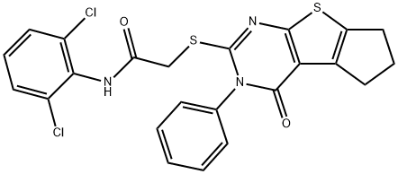 N-(2,6-dichlorophenyl)-2-[(4-oxo-3-phenyl-3,5,6,7-tetrahydro-4H-cyclopenta[4,5]thieno[2,3-d]pyrimidin-2-yl)sulfanyl]acetamide Struktur