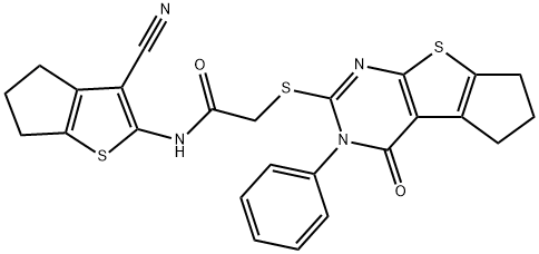 N-(3-cyano-5,6-dihydro-4H-cyclopenta[b]thien-2-yl)-2-[(4-oxo-3-phenyl-3,5,6,7-tetrahydro-4H-cyclopenta[4,5]thieno[2,3-d]pyrimidin-2-yl)sulfanyl]acetamide Struktur