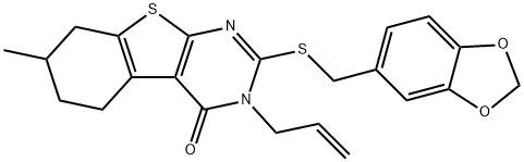 3-allyl-2-[(1,3-benzodioxol-5-ylmethyl)sulfanyl]-7-methyl-5,6,7,8-tetrahydro[1]benzothieno[2,3-d]pyrimidin-4(3H)-one Struktur