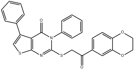 2-{[2-(2,3-dihydro-1,4-benzodioxin-6-yl)-2-oxoethyl]sulfanyl}-3,5-diphenylthieno[2,3-d]pyrimidin-4(3H)-one Struktur