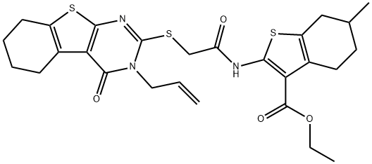 ethyl 2-({[(3-allyl-4-oxo-3,4,5,6,7,8-hexahydro[1]benzothieno[2,3-d]pyrimidin-2-yl)sulfanyl]acetyl}amino)-6-methyl-4,5,6,7-tetrahydro-1-benzothiophene-3-carboxylate Struktur