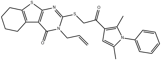 3-allyl-2-{[2-(2,5-dimethyl-1-phenyl-1H-pyrrol-3-yl)-2-oxoethyl]sulfanyl}-5,6,7,8-tetrahydro[1]benzothieno[2,3-d]pyrimidin-4(3H)-one Struktur