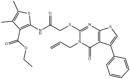 ethyl 2-({[(3-allyl-4-oxo-5-phenyl-3,4-dihydrothieno[2,3-d]pyrimidin-2-yl)sulfanyl]acetyl}amino)-4,5-dimethyl-3-thiophenecarboxylate Struktur