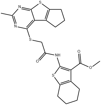 methyl 2-({[(2-methyl-6,7-dihydro-5H-cyclopenta[4,5]thieno[2,3-d]pyrimidin-4-yl)sulfanyl]acetyl}amino)-4,5,6,7-tetrahydro-1-benzothiophene-3-carboxylate Struktur