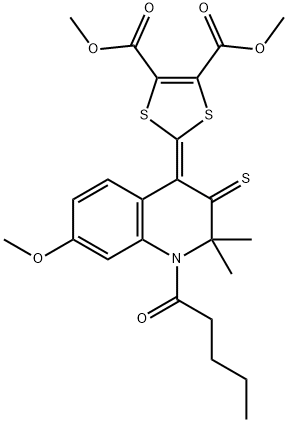 dimethyl 2-(7-methoxy-2,2-dimethyl-1-pentanoyl-3-thioxo-2,3-dihydro-4(1H)-quinolinylidene)-1,3-dithiole-4,5-dicarboxylate Struktur