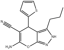 6-amino-3-propyl-4-(2-thienyl)-1,4-dihydropyrano[2,3-c]pyrazole-5-carbonitrile Struktur