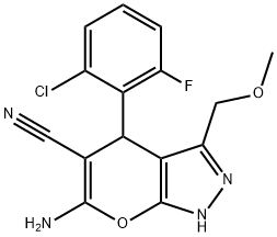 6-amino-4-(2-chloro-6-fluorophenyl)-3-(methoxymethyl)-1,4-dihydropyrano[2,3-c]pyrazole-5-carbonitrile Struktur