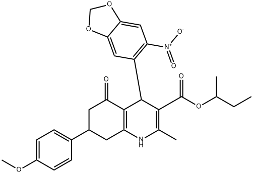 sec-butyl 4-{6-nitro-1,3-benzodioxol-5-yl}-7-(4-methoxyphenyl)-2-methyl-5-oxo-1,4,5,6,7,8-hexahydro-3-quinolinecarboxylate Struktur