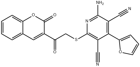 2-amino-4-(2-furyl)-6-{[2-oxo-2-(2-oxo-2H-chromen-3-yl)ethyl]sulfanyl}-3,5-pyridinedicarbonitrile Struktur