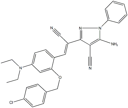 5-amino-3-{2-[2-[(4-chlorobenzyl)oxy]-4-(diethylamino)phenyl]-1-cyanovinyl}-1-phenyl-1H-pyrazole-4-carbonitrile Struktur