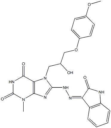 7-[2-hydroxy-3-(4-methoxyphenoxy)propyl]-3-methyl-8-[2-(2-oxo-1,2-dihydro-3H-indol-3-ylidene)hydrazino]-3,7-dihydro-1H-purine-2,6-dione Struktur