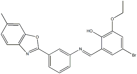 4-bromo-2-ethoxy-6-({[3-(6-methyl-1,3-benzoxazol-2-yl)phenyl]imino}methyl)phenol Struktur