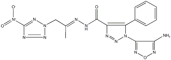 1-(4-amino-1,2,5-oxadiazol-3-yl)-N'-(2-{5-nitro-2H-tetraazol-2-yl}-1-methylethylidene)-5-phenyl-1H-1,2,3-triazole-4-carbohydrazide Struktur