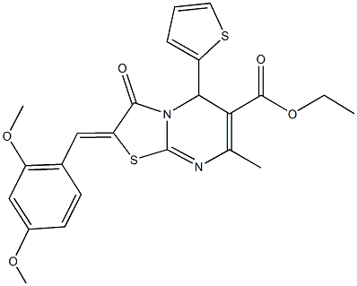 ethyl 2-(2,4-dimethoxybenzylidene)-7-methyl-3-oxo-5-(2-thienyl)-2,3-dihydro-5H-[1,3]thiazolo[3,2-a]pyrimidine-6-carboxylate Struktur