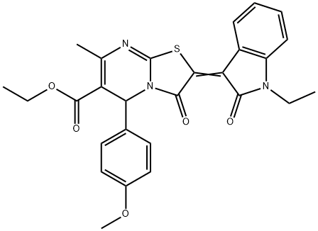 ethyl 2-(1-ethyl-2-oxo-1,2-dihydro-3H-indol-3-ylidene)-5-(4-methoxyphenyl)-7-methyl-3-oxo-2,3-dihydro-5H-[1,3]thiazolo[3,2-a]pyrimidine-6-carboxylate Struktur