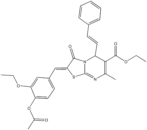 ethyl 2-[4-(acetyloxy)-3-ethoxybenzylidene]-7-methyl-3-oxo-5-(2-phenylvinyl)-2,3-dihydro-5H-[1,3]thiazolo[3,2-a]pyrimidine-6-carboxylate Struktur