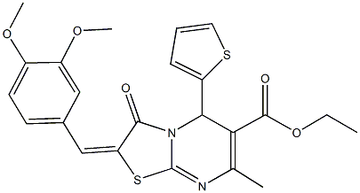 ethyl 2-(3,4-dimethoxybenzylidene)-7-methyl-3-oxo-5-(2-thienyl)-2,3-dihydro-5H-[1,3]thiazolo[3,2-a]pyrimidine-6-carboxylate Struktur