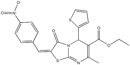 ethyl 2-{4-nitrobenzylidene}-7-methyl-3-oxo-5-(2-thienyl)-2,3-dihydro-5H-[1,3]thiazolo[3,2-a]pyrimidine-6-carboxylate Struktur