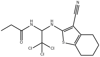 N-{2,2,2-trichloro-1-[(3-cyano-4,5,6,7-tetrahydro-1-benzothien-2-yl)amino]ethyl}propanamide Struktur