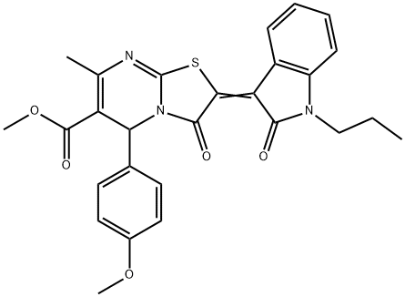 methyl 5-(4-methoxyphenyl)-7-methyl-3-oxo-2-(2-oxo-1-propyl-1,2-dihydro-3H-indol-3-ylidene)-2,3-dihydro-5H-[1,3]thiazolo[3,2-a]pyrimidine-6-carboxylate Struktur