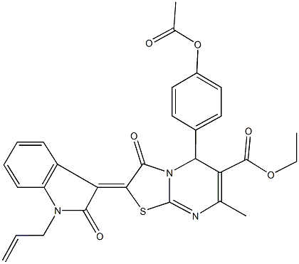 ethyl 5-[4-(acetyloxy)phenyl]-2-(1-allyl-2-oxo-1,2-dihydro-3H-indol-3-ylidene)-7-methyl-3-oxo-2,3-dihydro-5H-[1,3]thiazolo[3,2-a]pyrimidine-6-carboxylate Struktur