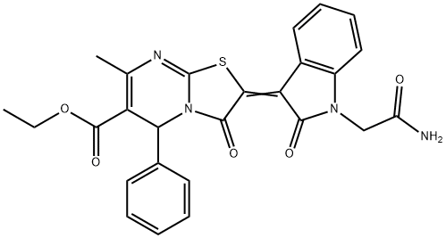 ethyl 2-[1-(2-amino-2-oxoethyl)-2-oxo-1,2-dihydro-3H-indol-3-ylidene]-7-methyl-3-oxo-5-phenyl-2,3-dihydro-5H-[1,3]thiazolo[3,2-a]pyrimidine-6-carboxylate Struktur