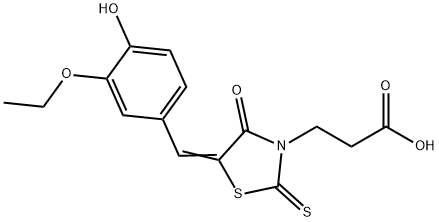 3-[5-(3-ethoxy-4-hydroxybenzylidene)-4-oxo-2-thioxo-1,3-thiazolidin-3-yl]propanoic acid Struktur