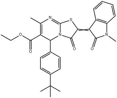 ethyl 5-(4-tert-butylphenyl)-7-methyl-2-(1-methyl-2-oxo-1,2-dihydro-3H-indol-3-ylidene)-3-oxo-2,3-dihydro-5H-[1,3]thiazolo[3,2-a]pyrimidine-6-carboxylate Struktur